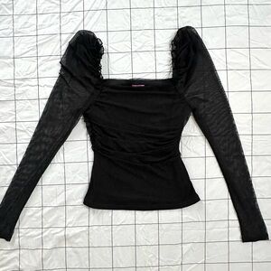 Chic Y2K Black Mesh Ruched Long Sleeve Top Size Small